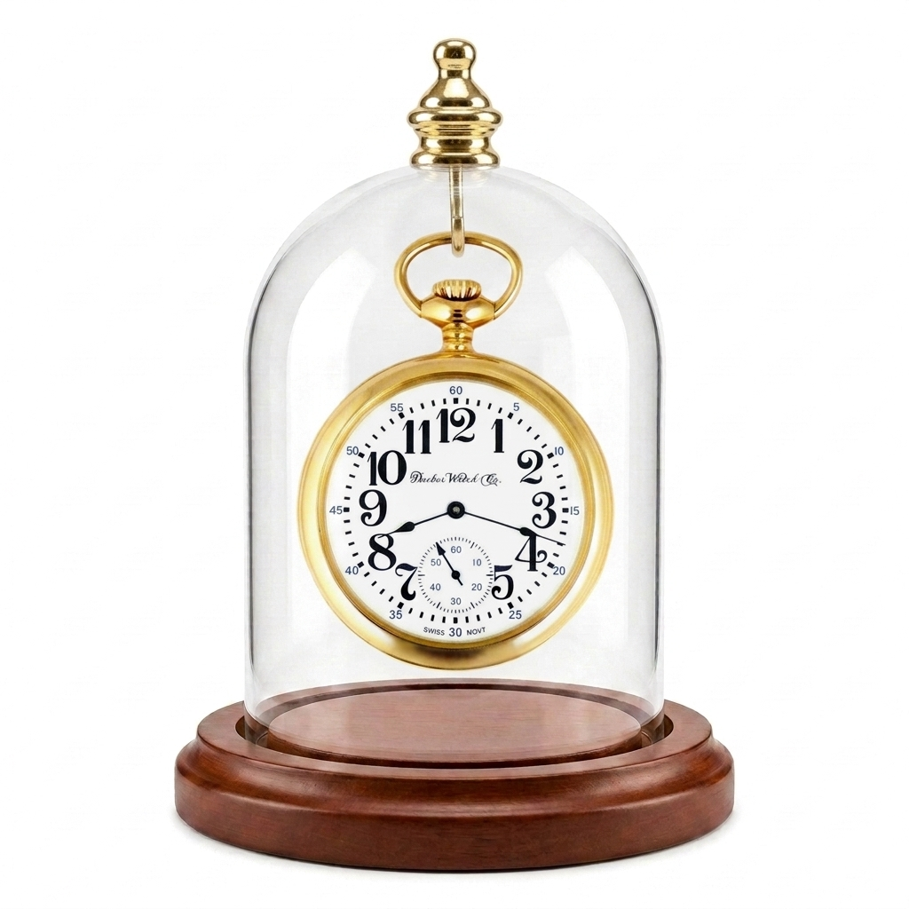 Pocket Watch Glass Display Dome Cloche Real Walnut Wood Base & Silver Hook 3"x4"