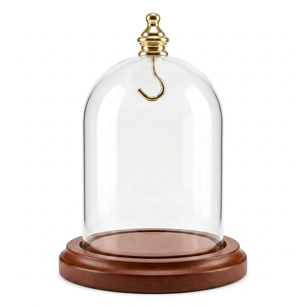 Pocket Watch Glass Display Dome Cloche Real Walnut Wood Base & Silver Hook 3"x4"