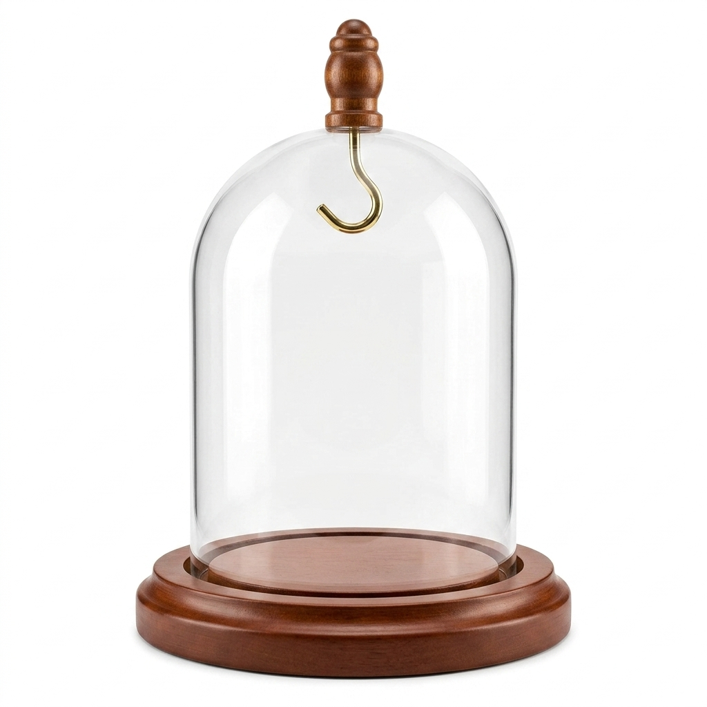 Pocket Watch Glass Display Dome Cloche Real Walnut Wood Base & Silver Hook 3"x4"