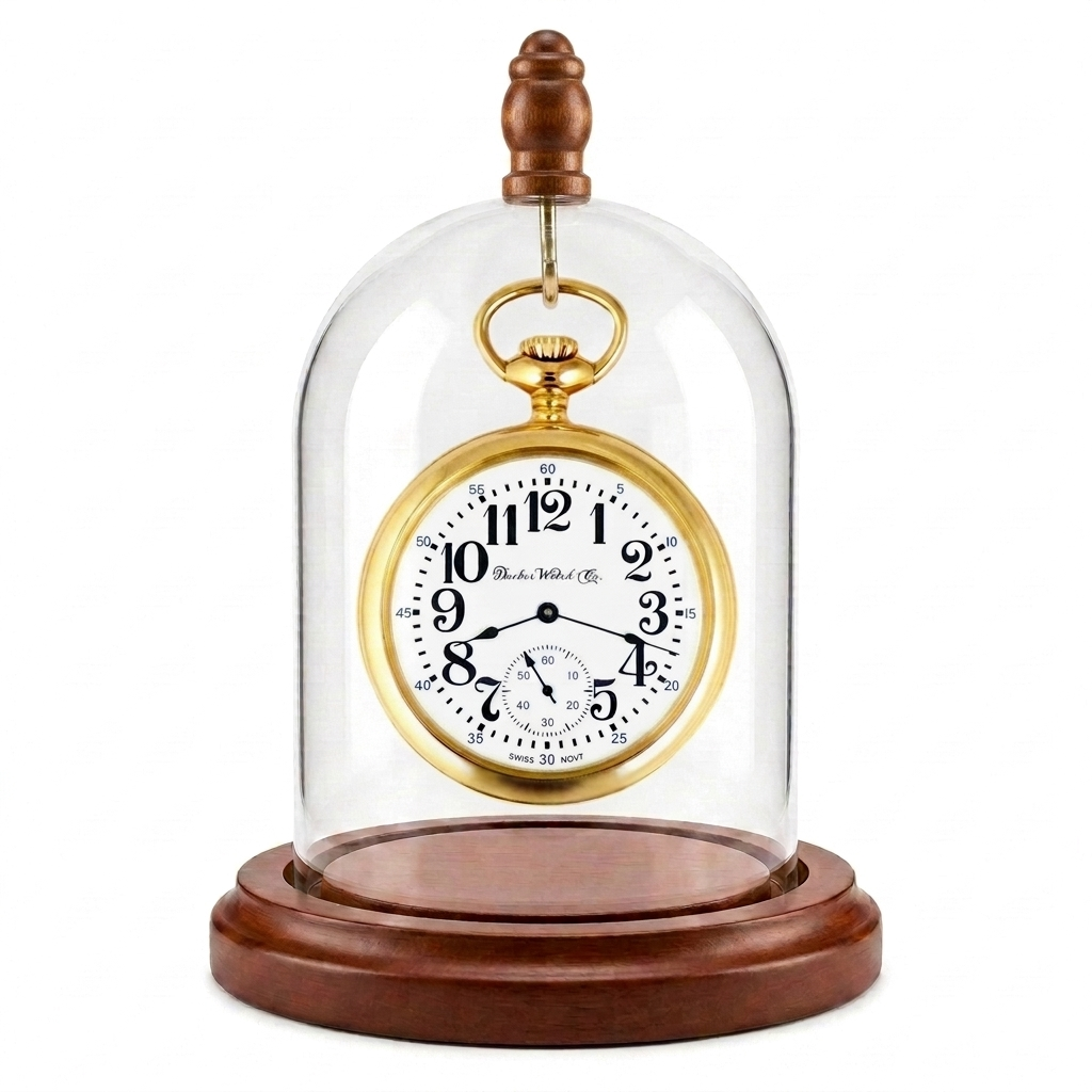 Pocket Watch Glass Display Dome Cloche Real Walnut Wood Base & Silver Hook 3"x4"